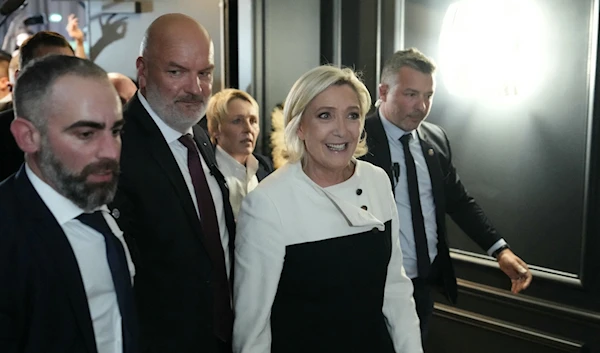 National Rally leader Marine Le Pen arrives for the party's election night party following the early results of the second round of France's legislative election in Paris on July 7, 2024. (AFP)