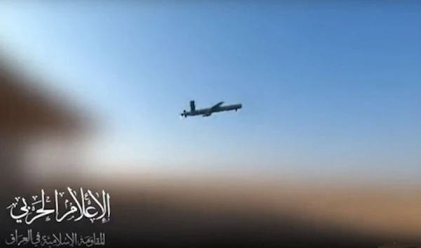 A screengrab from a video shared by the Islamic Resistance in Iraq showing the launch of an attack drone. (Military media)