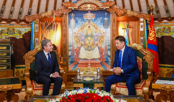 US Secretary of State Antony Blinken meets with Mongolian President Ukhnaagiin Khurelsukh in Ulaanbaatar on Thursday, August 1, 2024 (AP)