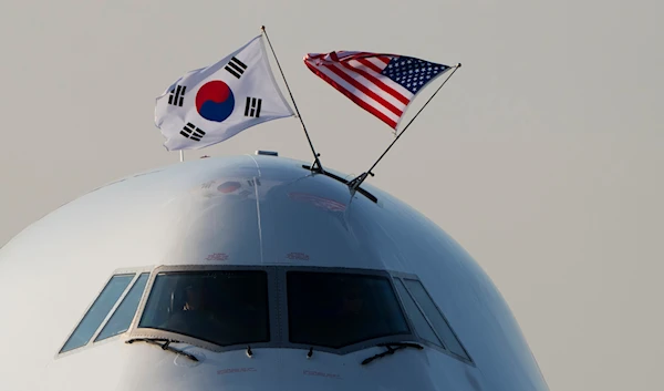 The aircraft carrying South Korea's President Yoon Suk Yeol, taxis on the tarmac on July 10, 2024. (AP)