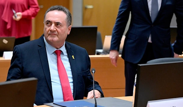 Israeli foreign minister Israel Katz waits for the start of a meeting of EU foreign ministers at the European Council building in Brussels, Monday, January 22, 2024. (AP)