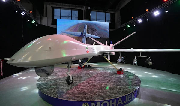 Iran's domestically built drone, Mohajer-10, is displayed in an exhibition in a military compound belonging to the Defense Ministry, in Tehran, Iran, on August 23, 2023. (AP)