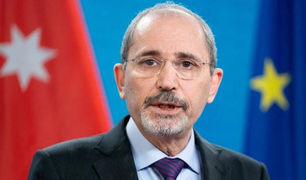 Jordan's Foreign Minister Ayman Safadi gives a joint press conference with his German counterpart following talks at the Foreign Ministry in Berlin on March 10, 2021. (AFP)