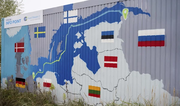 A painted map of Nord Stream 2 at the natural gas receiving station in the Lubmin Industrial estate in Lubmin, Germany. (AP)