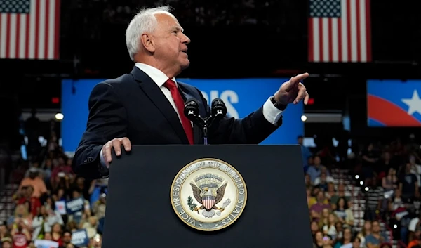 Democratic vice presidential nominee Minnesota Gov. Tim Walz speaks at a campaign rally, Saturday, Aug. 10, 2024, in Las Vegas. (AP Photo/Julia Nikhinson)