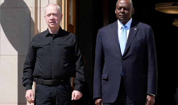 US Defense Secretary Lloyd Austin, and Israeli Security Minister Yoav Gallant, during an arrival ceremony at the Pentagon in Washington, June 25, 2024. (AP)