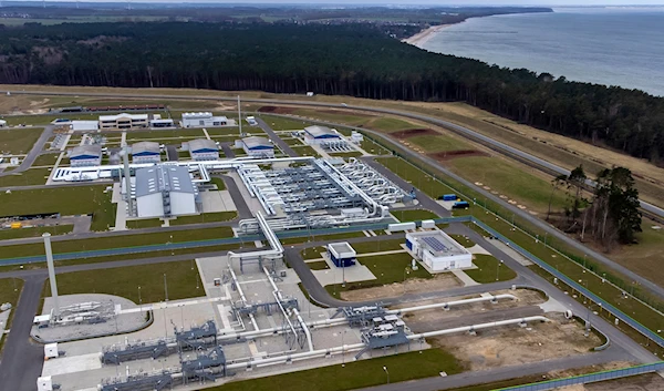 Pipes at the landfall facilities of the 'Nord Stream 2' gas pipeline are pictured in Lubmin, northern Germany, on February 15, 2022 (AP)