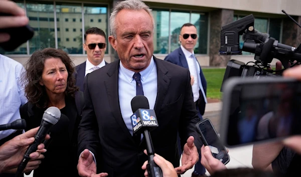 Independent presidential candidate Robert F. Kennedy Jr., speaks to the media near the Pennsylvania Judicial Center, Tuesday, Aug. 20, 2024, in Harrisburg, Pa. (AP Photo/Matt Slocum)