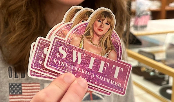 Stickers with a picture of Taylor Swift and the words "SWIFT Make America Shimmer" are on sale at the gift shop in the Supreme Court of the United States on Monday, August 12, 2024. (AP)