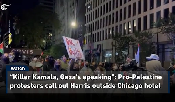 “Killer Kamala, Gaza’s speaking": Pro-Palestine protesters call out Harris outside Chicago