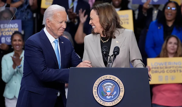 resident Joe Biden and Vice President Kamala Harris speak about their administration's efforts to lower prescription drug costs during an event at Prince George's Community College in Largo, Md., on August 15, 2024. (AP)