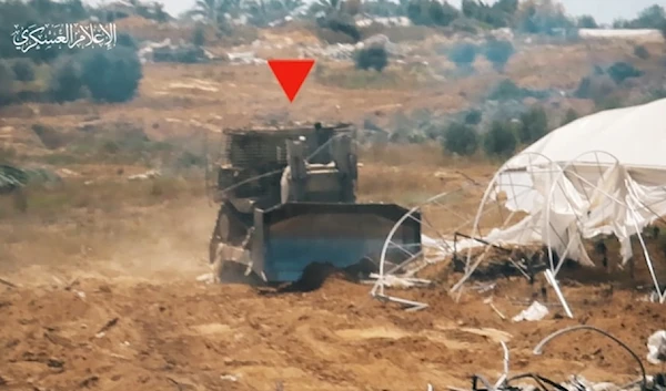 From previous scenes of the Qassam Brigades targeting an Israeli D9 bulldozer with a Yassin 105 shell, east of Deir al-Balah. (Military Media of the Qassam Brigades)