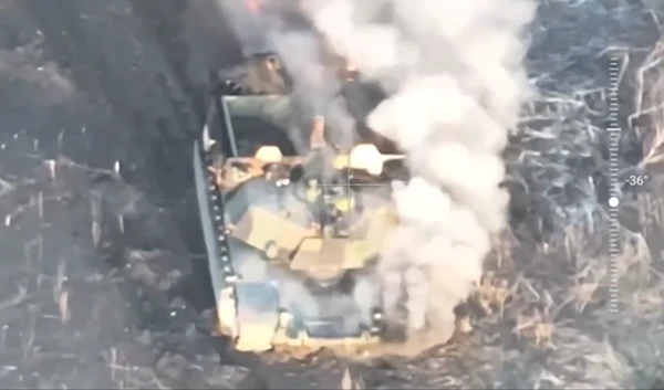 Screengrab from drone footage showing a US-supplied Abrams M1 main battle tank smoking near Berdyshy, Avdiivka direction, Donetsk, March 3, 2024 (Russian military media)