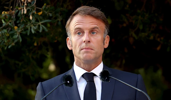 French President Emmanuel Macron pauses as he speaks during a ceremony to commemorate the 80th anniversary of the liberation of the village Bormes-les-Mimosas during World War II, south-eastern France, Saturday, Aug. 17, 2024. (AP)