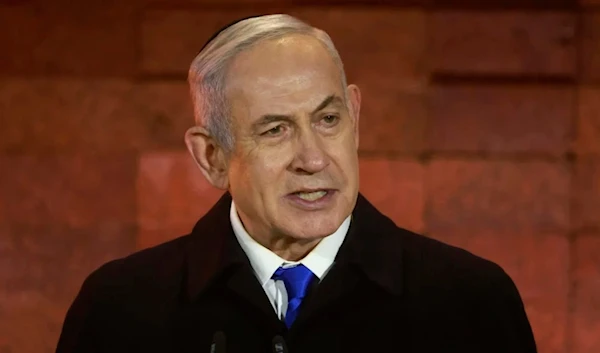 Israeli Prime Minister Benjamin Netanyahu speaks during a ceremony marking Holocaust Remembrance Day in Jerusalem on May 5, 2024. (AFP)