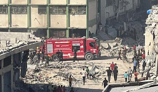 Civil Defense teams arrive at the school which was bombed by Israeli occupation forces, Gaza, August 3, 2024 (Social Media)