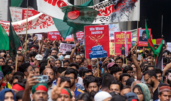 Activists take part in a protest march against Prime Minister Sheikh Hasina and her government in Dhaka, Bangladesh, Friday, Aug. 2, 2024. (AP)