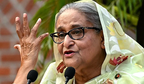 Bangladesh's former prime minister Sheikh Hasina gestures while speaking to the media, a day after she won the 12th parliamentary elections, in Dhaka on January 8, 2024. (AFP)