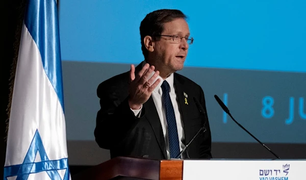 Israeli President Isaac Herzog speaks in al-Quds, occupied Palestine, July 8, 2024. (AP)