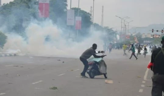 Police fire teargas during a protest in Abuja, Nigeria on August 3, 2024. (AP)