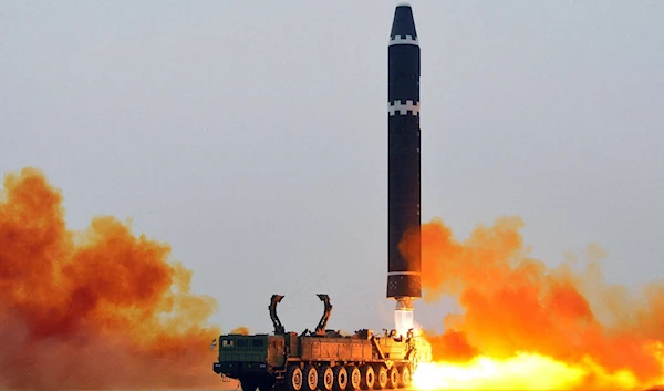 A North Korean Hwasong-15 intercontinental ballistic missile is fired from Pyongyang International Airport in this image released February 19, 2023. (AFP)