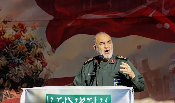 Head of Iran's IRGC Hossein Salami speaks during a funeral procession carrying the remains of 110 Iranian soldiers recovered from former battlefields of the Iran-Iraq war in Tehran on December 17, 2023. (AFP)