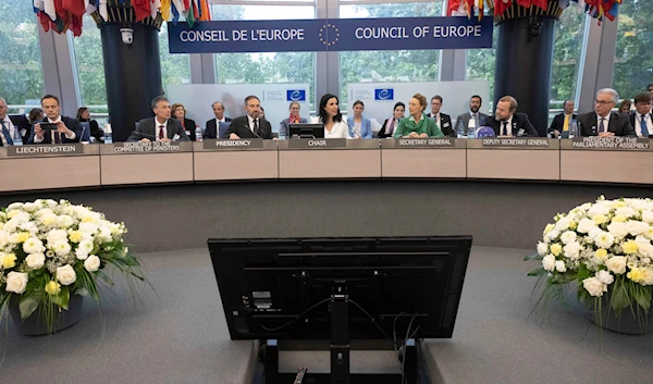 President of the Committee of Ministers of the Council of Europe, Dominique Hasler, center, opens the 133rd session of the Committee of Ministers at the European Council in Strasbourg, eastern France, May 17, 2024 (AP)