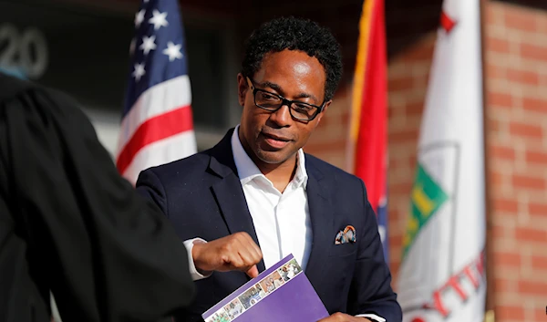 St. Louis County Prosecuting Attorney Wesley Bell is seen during an inauguration ceremony for Mayor Ella Jones Wednesday, June 17, 2020, in Ferguson, Missouri (AP)