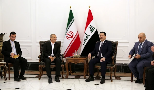 Iranian President Masoud Pezeshkian, center left, and Iraqi Prime Minister Mohammed Shia al-Sudani, center right, meet at the government palace in Baghdad, Iraq, Wednesday, September 11, 2024 (AP)