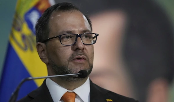 Venezuelan Foreign Minister Yvan Gil Pinto gives a press conference with Russia's Foreign Minister Sergey Lavrov at the Foreign Ministry in Caracas, Venezuela, Tuesday, Feb. 20, 2024. (AP)