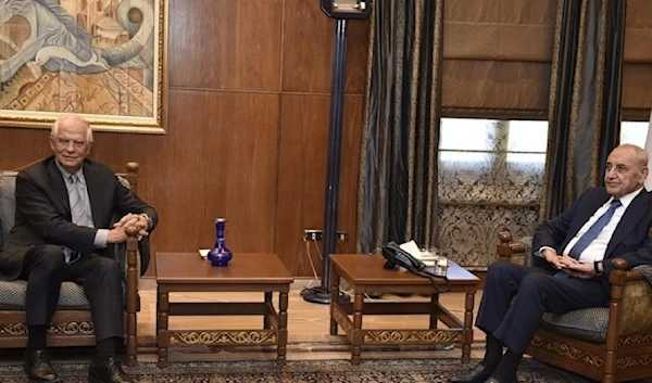 EU Foreign Policy Chief Josep Borrell, left, in a meeting with Lebanon's Parliament Speaker, Nabih Berri, right, in Beirut, Lebanon, September 12, 2024 (National News Agency)