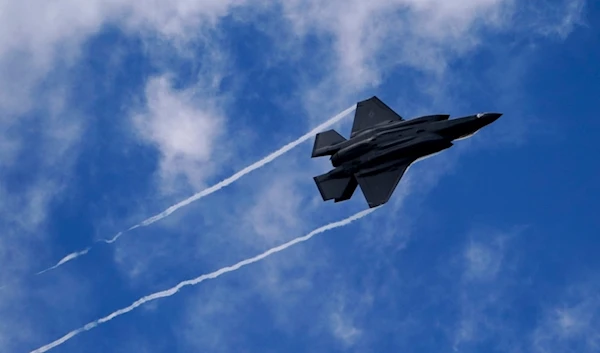 A US Air Force F-35 flies past, at the Farnborough International Air Show in Farnborough, England, July 22, 2024 (AP)