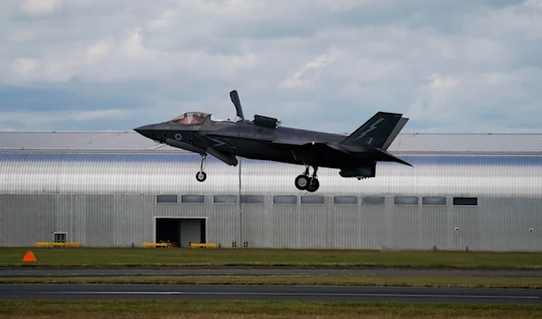 A Royal Air Force F-35 lands at the Farnborough International Air Show in Farnborough, England, July 22, 2024 (AP)