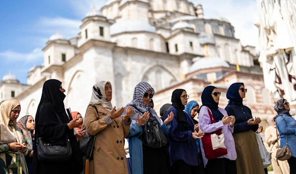 Women attend a funeral prayer in absentia ceremony in memory of Turkish-American activist Aysenur Ezgi Eygi killed by Israeli gunfire, at Fatih mosque in Istanbul, Turkey, Friday, September 13, 2024 (AP)