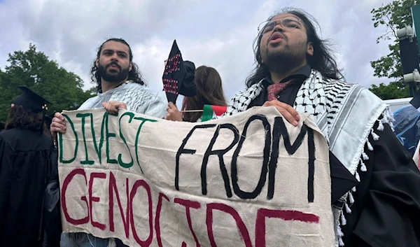 Pro-Palestian graduates leave an outdoor commencement at Massachusetts Institute of Technology in Cambridge, Massachusetts, May 30, 2024. (AP)