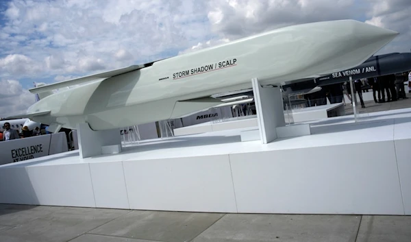 The Storm Shadow cruise missile is on display during the Paris Air Show in Le Bourget, north of Paris, France, on June 19, 2023. (AP)