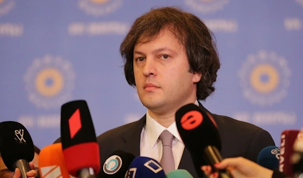 Georgian Prime Minister Irakli Kobakhidze speaks to journalists after a meeting in Tbilisi, Georgia, on February 1, 2024. (AP)