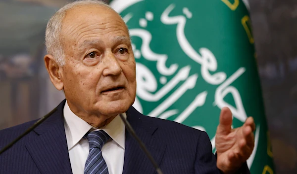 Secretary General of the League of Arab States Ahmed Aboul Gheit gestures as he speaks during a joint news conference with Russian Foreign Minister Sergey Lavrov following their talks in Moscow, Russia, October 9, 2023. (AP)