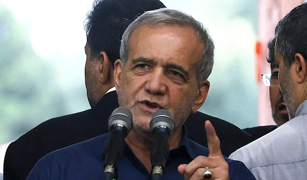 Iranian President Masoud Pezeshkian speaks during a visit to the shrine of the Islamic Republic's founder Ayatollah Ruhollah Khomeini in Tehran, Iran, on July 6, 2024. (AFP)