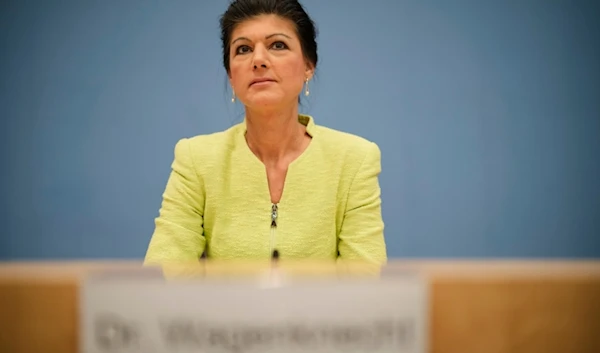 German politician Sahra Wagenknecht arrives for a news conference to announce the founding of Sahra Wagenknecht Alliance party in Berlin, Germany, Oct. 23, 2023. (AP Photo/Markus Schreiber, File)