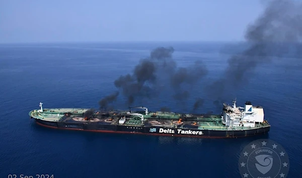 This photo released by the European Union's Operation Aspides naval force shows the Greek-flagged oil tanker Sounion burning in the Red Sea on Monday, September 2, 2024 (European Union's Operation Aspides via AP)