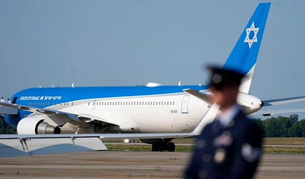 A plane that will carry Israeli Prime Minister Benjamin Netanyahu sits on the tarmac at Andrews Air Force Base in Md., Saturday, July 27, 2024. (AP Photo/Stephanie Scarbrough, Pool)