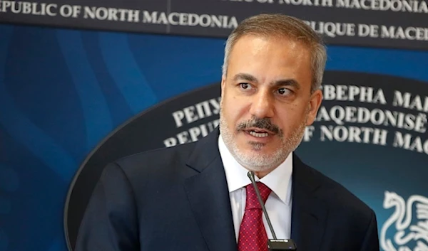 Turkish Foreign Minister Hakan Fidan speaks during a news conference in North Macedonia omn Thursday September 5,2024. 9AP)