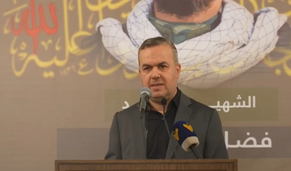 Member of the Loyalty to the Resistance Bloc, MP Hassan Fadlallah, during the commemorative ceremony held by Hezbollah for the martyr Ali Tariq Al-Quds, Fadl Bazi.