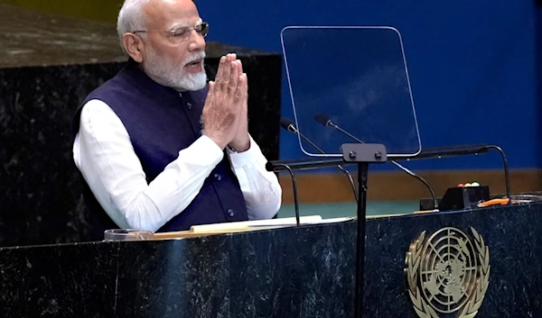 India's Prime Minister Narendra Modi addresses the the Summit of the Future, in the United Nations General Assembly, Monday, Sept. 23, 2024. (AP)