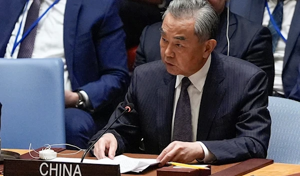 Wang Yi, China Foreign Minister, speaks during a Security Council meeting, Tuesday, Sept. 24, 2024, at UN headquarters. (AP Photo/Julia Demaree Nikhinson, Pool)