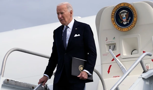 US President Joe Biden walks down the steps of Air Force One at Wilkes-Barre Scranton International Airport, in Avoca, Pa., Friday, Sept. 27, 2024. (AP)