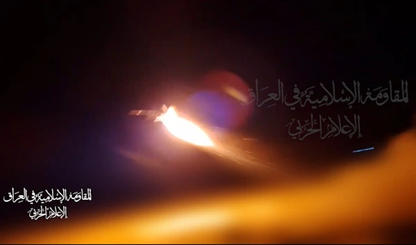 A screengrab from a video for the Islamic Resistance in Iraq as they strik Eilat, in occupied Palestine, using drones on September 29, 2024. (Military media)