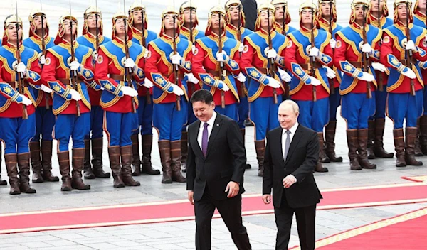 Russian President Vladimir Putin and Mongolian President Ukhnaagiin Khurelsukh at the Sukhbaatar Square in Ulaanbaatar, Mongolia. (@MID_RF / X)