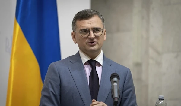 Ukrainian Foreign Minister Dmytro Kuleba speaks during a joint press conference with German Foreign Minister Annalena Baerbock in Kyiv, Ukraine, on May 21, 2024.